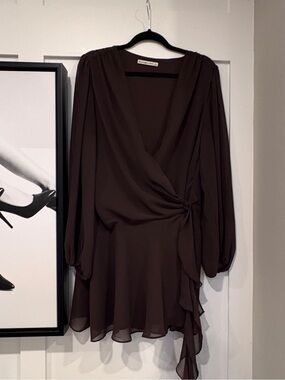 Brown Long Sleeve Wrap Dress